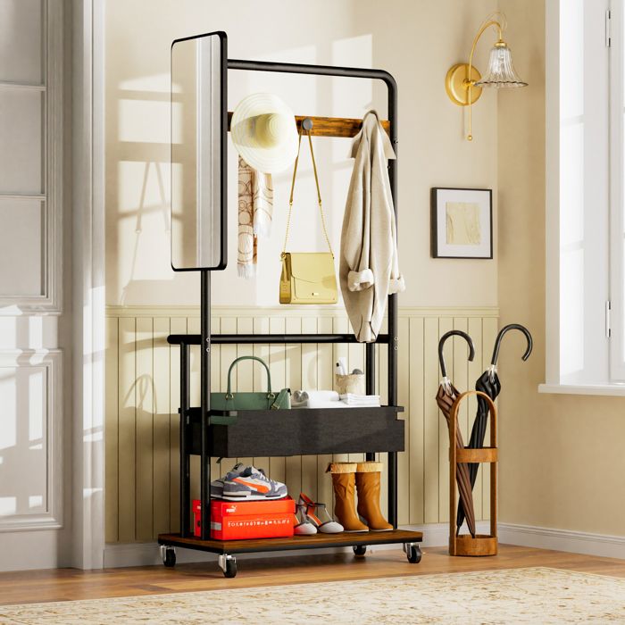 Meuble d Entrée Vestiaire avec Crochets Miroir Banc Porte-Manteau 3-en-1 portant mobile à roulettes 70 × 40 × 170cm Marron