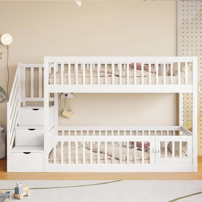 Lit superposé - KOMHTOM - 90x200 cm - Bois - Escalier avec rangement - Garde-corps sécurité Lit superposé - KOMHTOM - 90x200 cm - Bois - Escalier avec rangement - Garde-corps sécurité