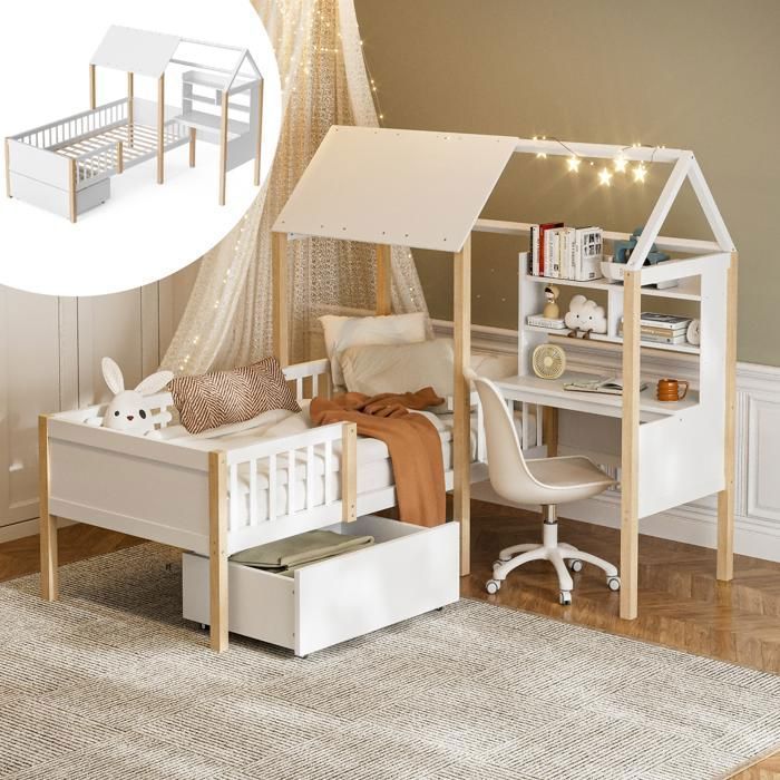 Muvoe Lit combiné enfant 90x200 cm -LumiNest- Lit cabane Protection Bureau Bibliothèque Rangement Sommier inclus Bois Blanc