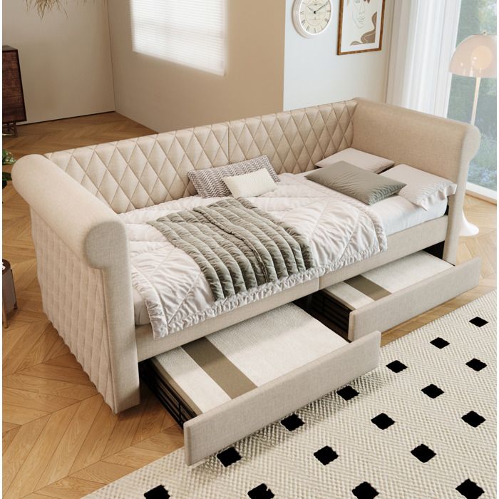 Lit de jour beige 90 x 200 cm - style vintage 2 tiroirs sommier à lattes dossier capitonné