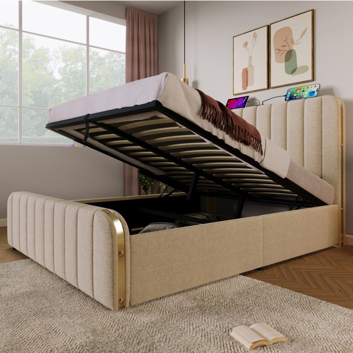 Lit coffre 140 x 200 cm – Beige – USB/USB-C – sommier à lattes et matelas inclus