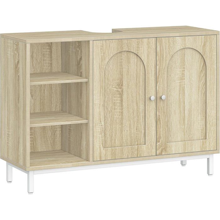 Meuble sous Lavabo Meuble de Rangement pour Salle de Bain pour Évier avec Étagère Ouverte et 2 Portes avec Pieds Chêne Clair