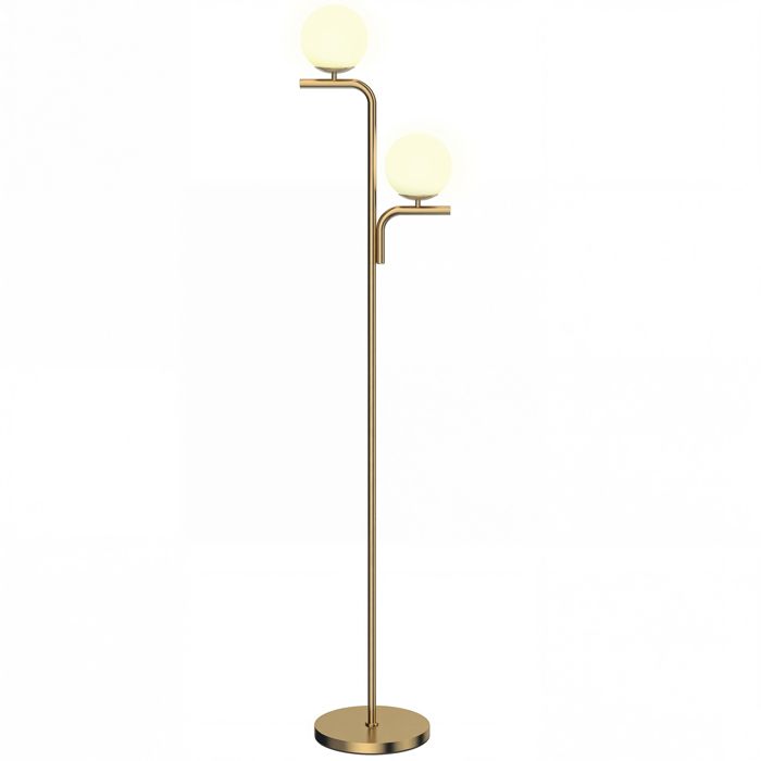 Lampadaire sur Pied Salon à Double Tête Lampe sur Pied avec 3 Températures de Lumière Abat-Jour en Verre Doré