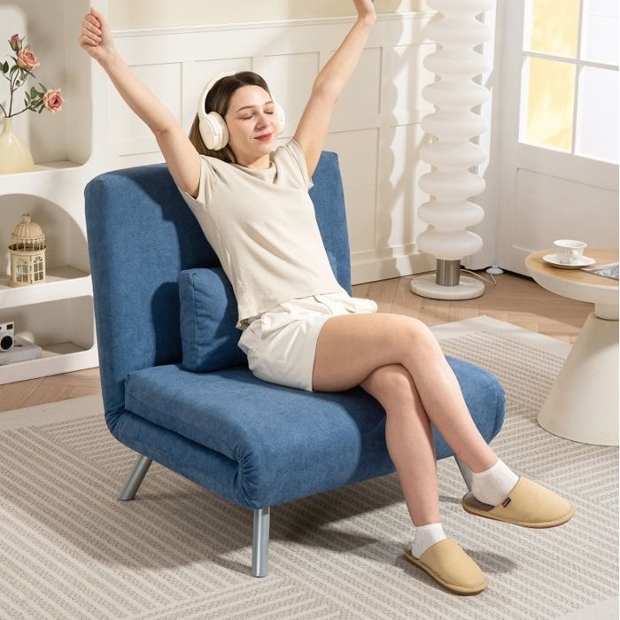 Fauteuil convertible 1 place clic-clac bleu dossier réglable 5 positions lit 190 cm tissu et métal