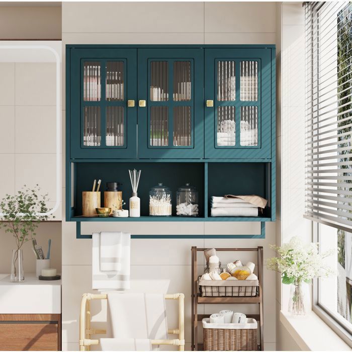 WOVREO Meuble mural pour salle de bains3 portes avec verre trempé porte-serviettes et rangement 88 x 26 x 83cmvert foncé