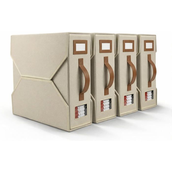 Boîte de rangement pour linge - Lot de 4 - Dimensions compactes 38x13x33 cm - Lin beige - Empilable et pliable