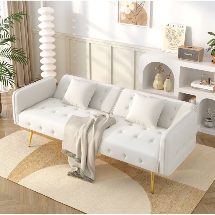 WOVREO canapé convertible 2 places 178 x 82 x 70 cm velours blanc dossier et accoudoirs réglables