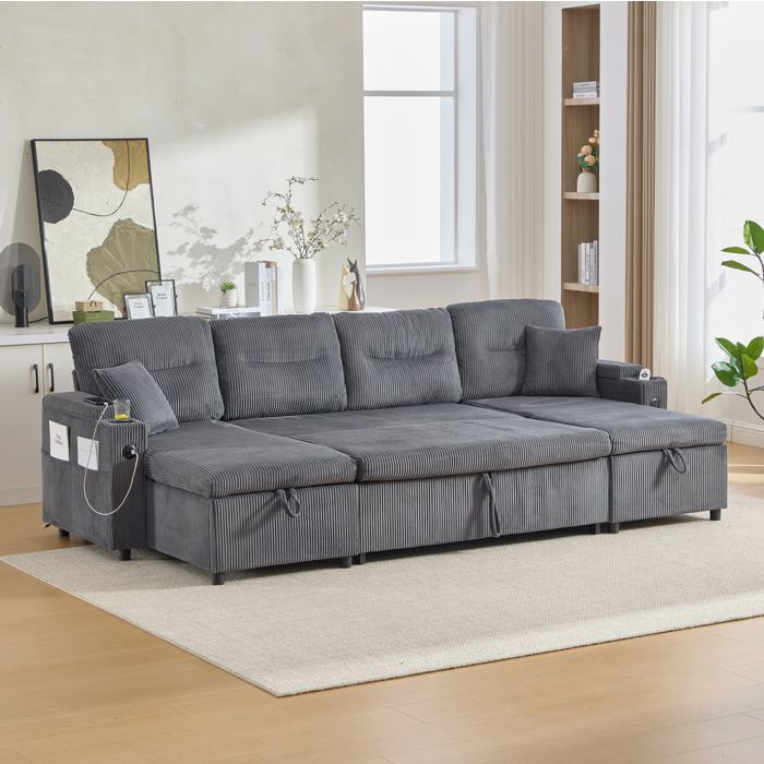 Canapé convertible panoramique 4 places en tissu côtelé gris carbone avec double méridienne rangement et USB-C