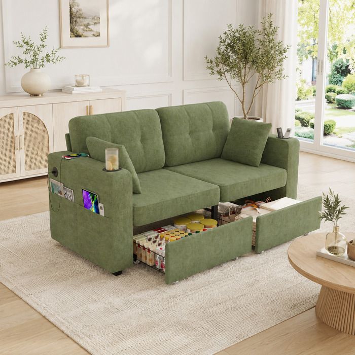 Canapé 2 Places avec Rangements Cachés 2 Tiroirs Ports USB Porte-Gobelets et Poches Latérales pour Salon et Coin Lecture Vert