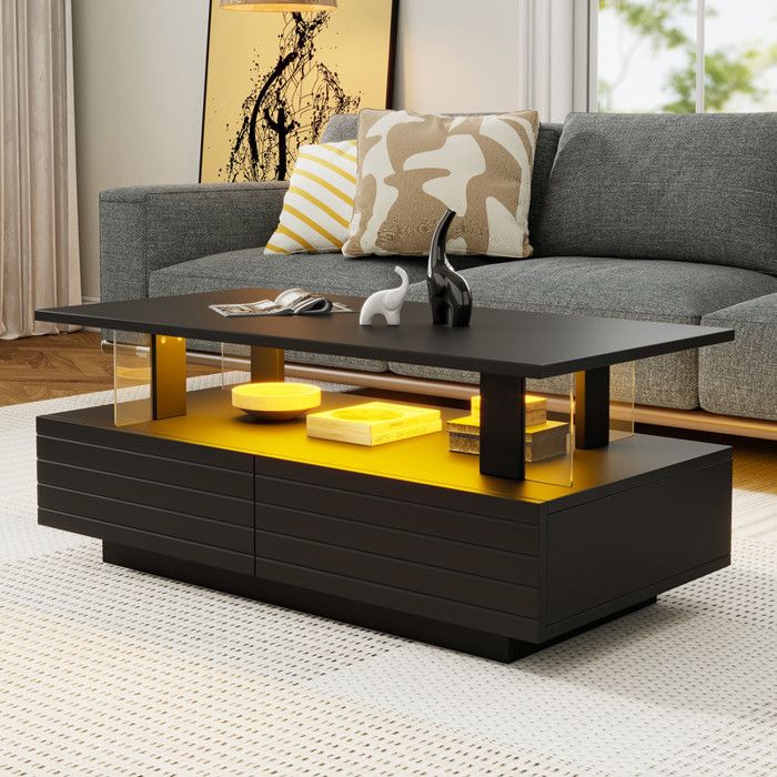 Table basse à LED noireTable basse rectangulaire à double couche 100x50x42cm avec fonction de rangementAcrylique Tablepour salon