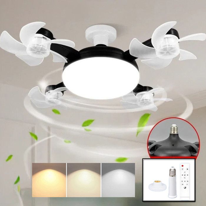 LED Ventilateur Plafond avec Lumiere 4 Fan têtes Lampe Ventilateur Plafonnier et Télécommande Socle Tige d’extension 3 Vitesses Noir