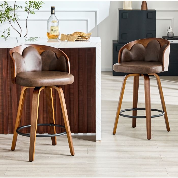 Lot de 2 Tabourets de Bar avec Dossier Fleur - HAVRYA - assise rembourrée simili cuir bois marron