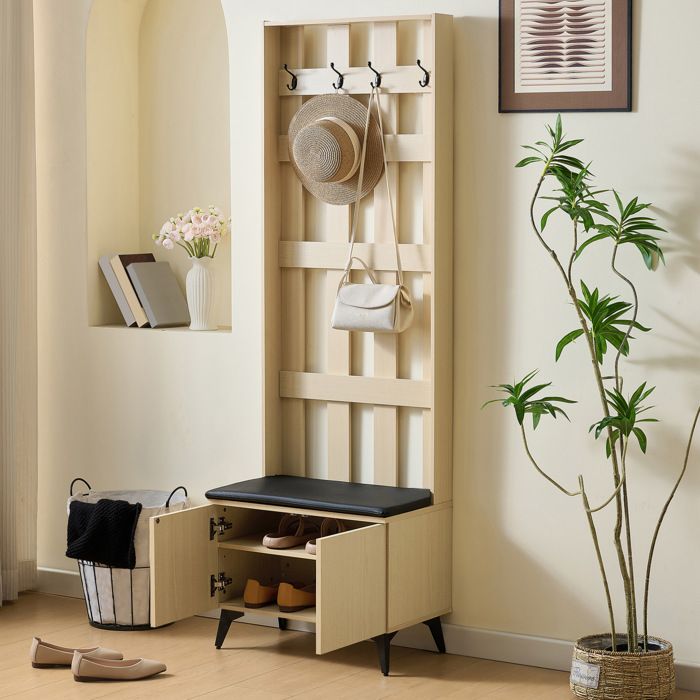 ULEVR Vestiaire d’entrée avec banc 4 crochets rangement à 2 portes MDF aspect bois et pieds en acier noir