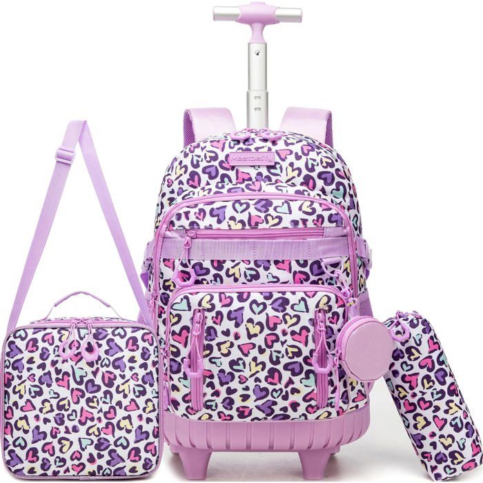 Cartable à roulettes fille - HTgroce - Grande capacité - Format primaire - Dimensions 43 x 30 x 20 cm