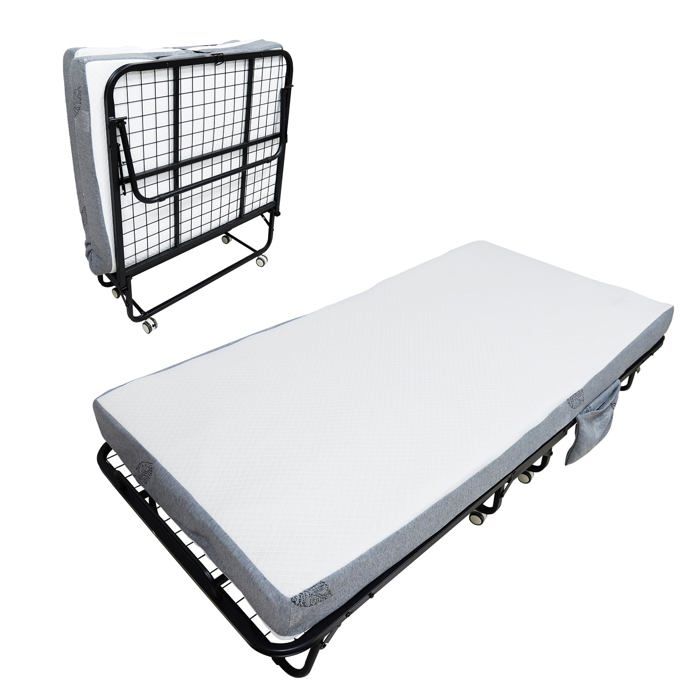 Lit dappoint pliant gain de place - Matelas mémoire 10 cm - Cadre métal roues bloquantes - 190x98cm - Adultes Maison/Bureau