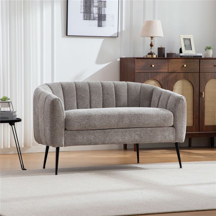 Canapé 2 places gris effet brillant tissu chenille moelleux pieds métal accoudoirs cannelés mini sofa design pour salon chambre Canapé 2 places gris effet brillant tissu chenille moelleux pieds métal accoudoirs cannelés mini sofa design pour salon chambre