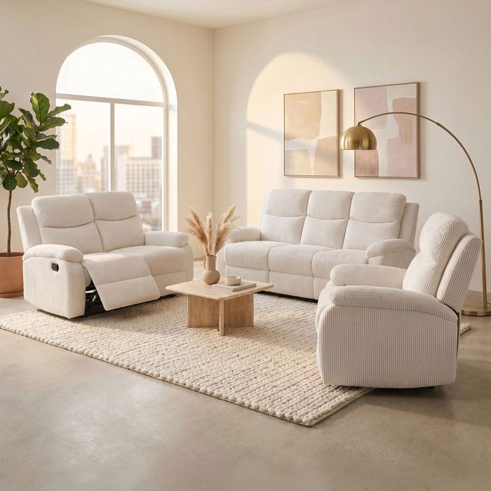 Ensemble 2 canapés + fauteuil relax manuel en velours beige - ZOLARA