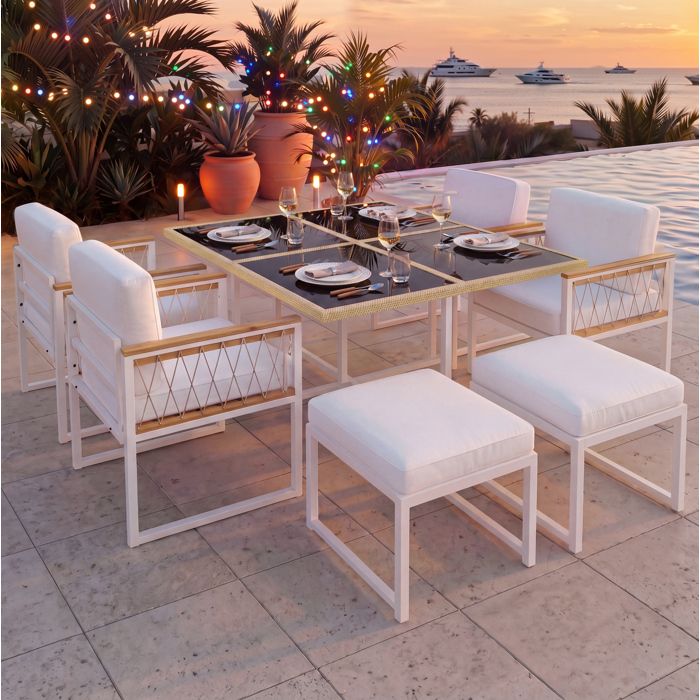 Salon de jardin 7 pièces pour 6 personnes table 117x117 cm en verre trempé structure métal fauteuils et poufs TYNQER
