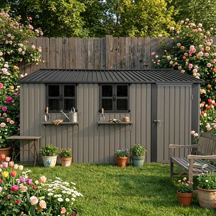 Abri de jardin en acier galvanisé 359 4x284 2 cm (10 21 m²) 3 fenêtres ouvrantes portes doubles verrouillables et étagère à fleurs Abri de jardin en acier galvanisé 359 4x284 2 cm (10 21 m²) 3 fenêtres ouvrantes portes doubles verrouillables et étagère à fleurs