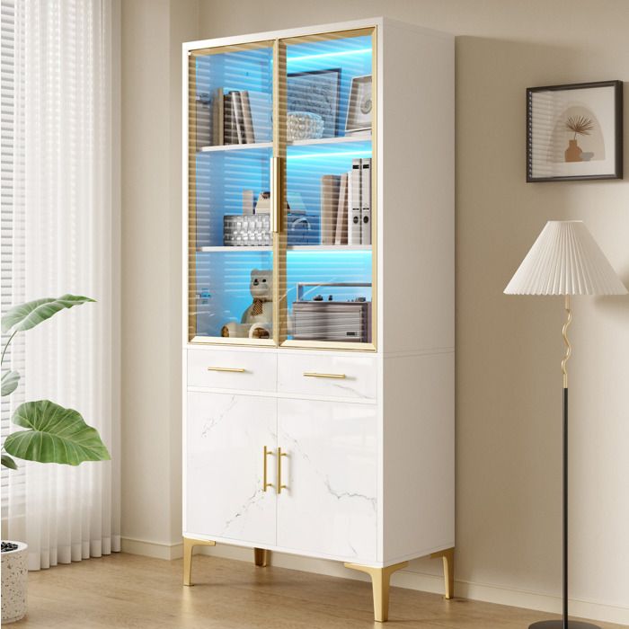 Vitrine Haute Blanche Effet Marbre Buffet Haut LED FloraGrace Pour Salon Ou Bureau 2 Tiroirs Et 4 Portes 75x38x170cm