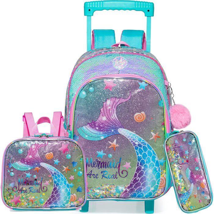 Sac à dos à roulettes licorne bleu - Lot 4 en 1 - Boîte à lunch - Trousse à crayons - Pendentif