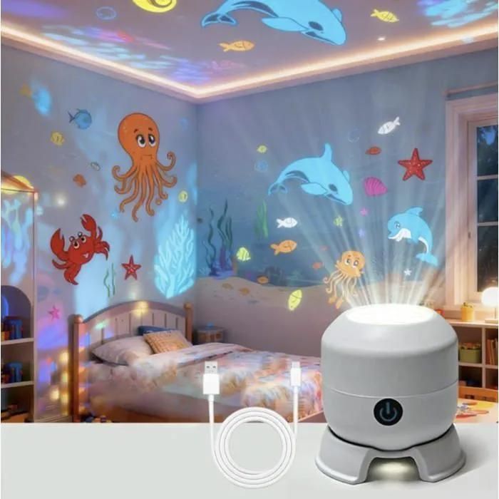 Projecteur LED rotatif effet vagues océaniques lumière d’ambiance dynamique luminosité réglable alimentation USB blanc