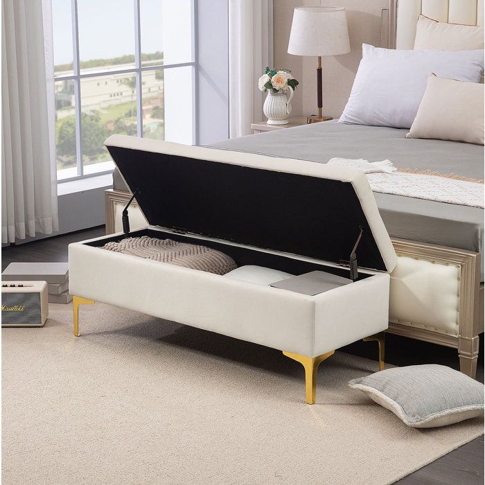 Banc coffre beige 120 x 44 x 44 5 cm assise capitonnée rangement intégré pieds métal doré