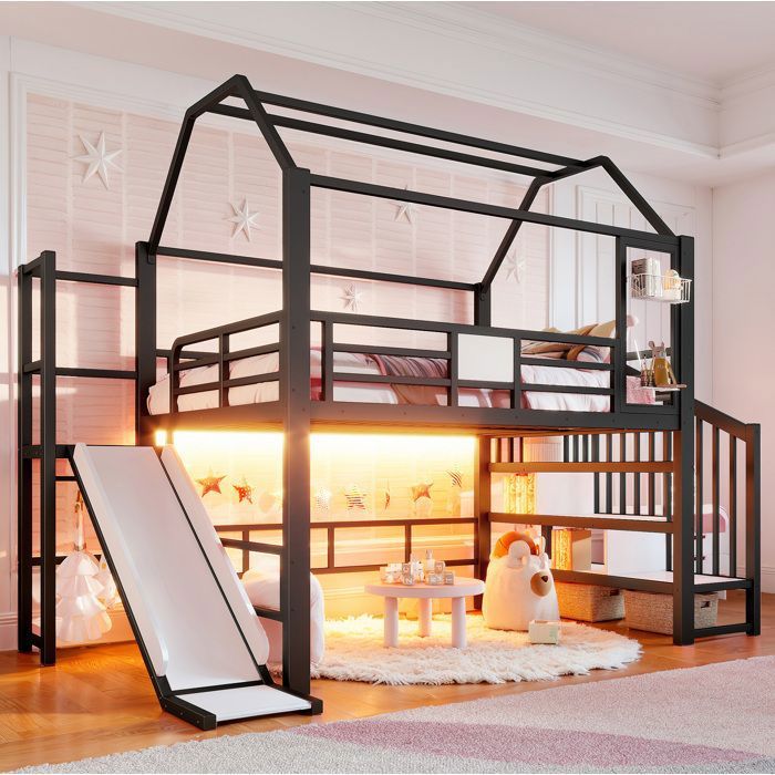 MEUBLIV Lit mezzanine enfant cabane 140 x 200 cm métal noir toboggan rangement et LED Bluetooth