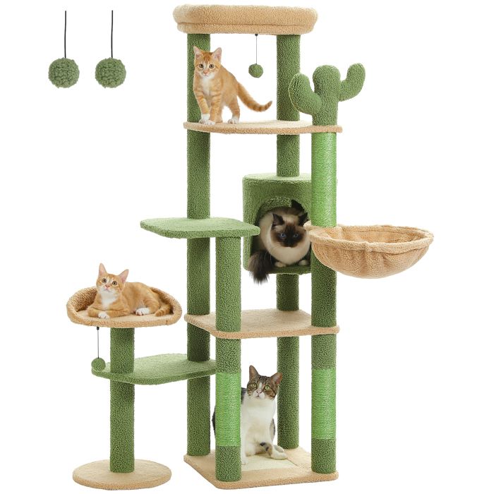 Grande tour darbre à chat multi-niveaux avec condo hamac griffoirs en sisal et jouets bois Vert/Rose/Gris/Beige