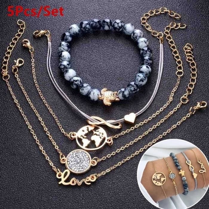 Lot de 5 Pièces Bracelet Bijoux Délicat Gourmette Charme Carte du Monde Tortue Perle Love Cadeau Pour Femme Fille Moderne