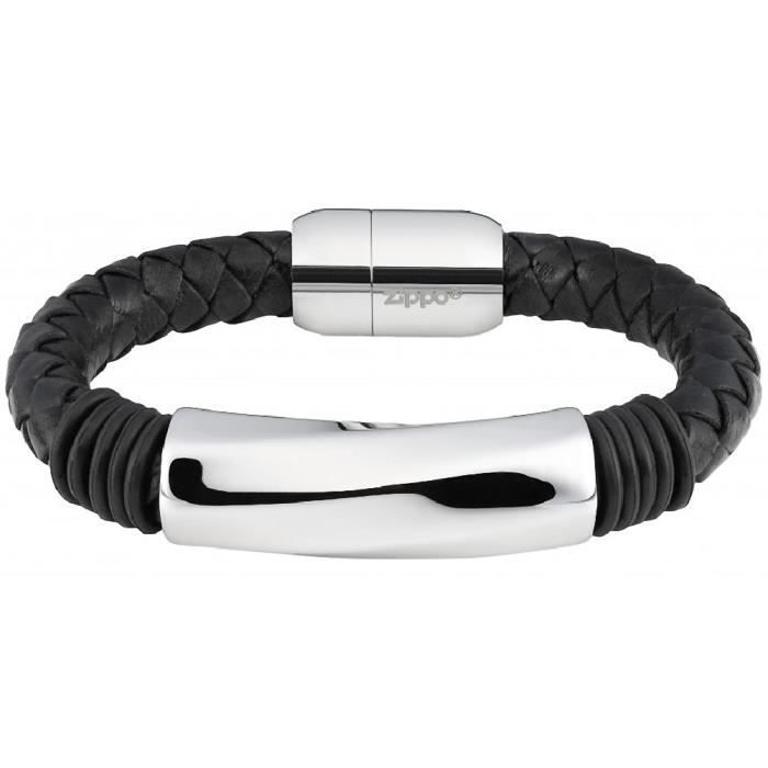 Bracelet Zippo en cuir noir et acier inoxydable - Achat / Vente bracelet -  gourmette Bracelet Zippo en cuir noir et acier inoxydable Homme Acier Noir  - Cd