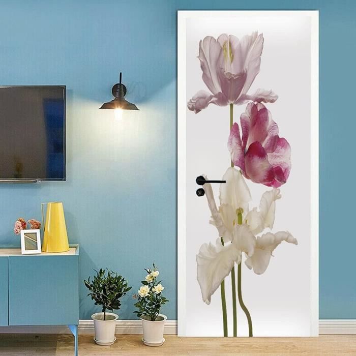 Autocollant Porte 3D Fleurs Blanches - Dimensions 83x205 Cm - PVC Auto-adhésif - Déco Intérieure Facile à Poser