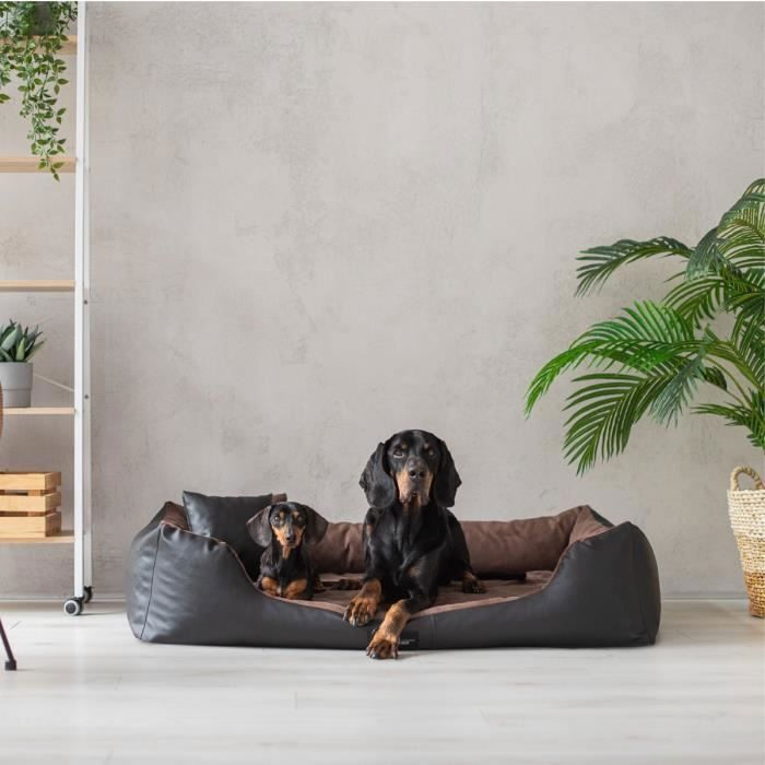 Comparer les prix de Lit orthopédique pour chien  Eden ‘’ Cuir écologique + Alcantara XXL 130cm x 100cm Noir - Brun
