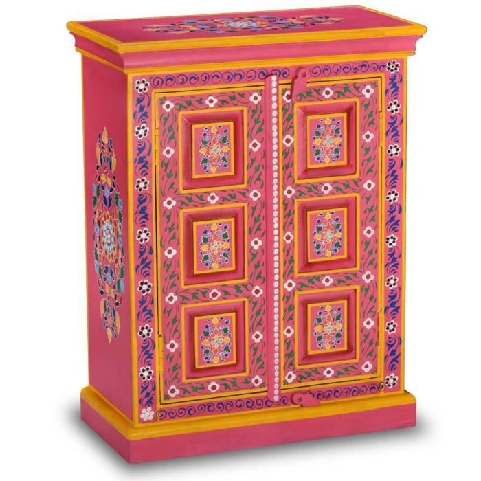 Buffet bas - Vintage - Bois massif de manguier - Peinture rose à la main - 2 portes - 60x30x78 cm