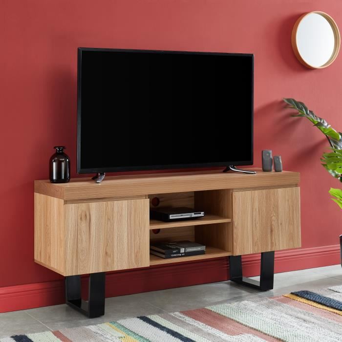 Meuble TV - BAÏTA - Gamme FELIX - Effet chêne et métal noir - L 140 x P 40 x H 63 cm Meuble TV - BAÏTA - Gamme FELIX - Effet chêne et métal noir - L 140 x P 40 x H 63 cm