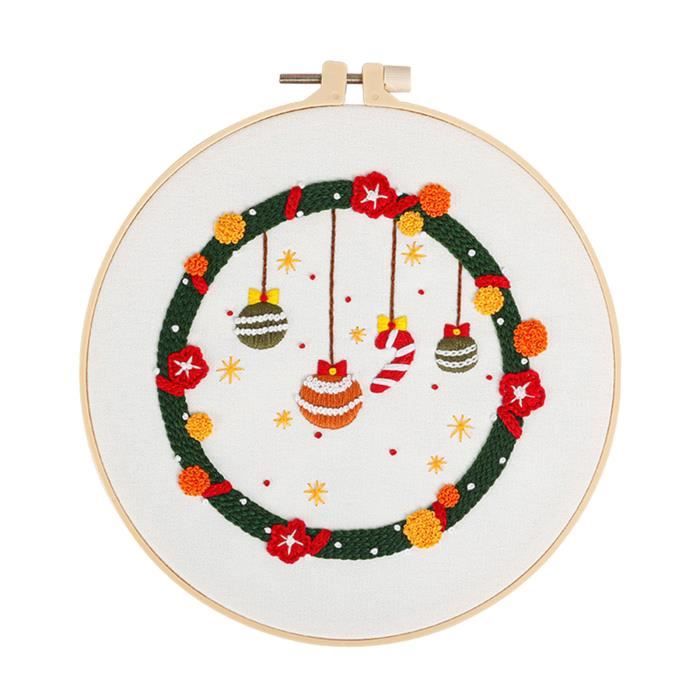 Kit Broderie Débutant Noël - 2 Motifs Colorés - Tissu Coton/lin - Fils Et Instructions Inclus