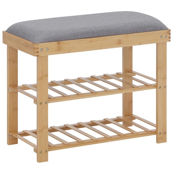 Banc &agrave; chaussures 2 &eacute;tag&egrave;res bambou coussin gris