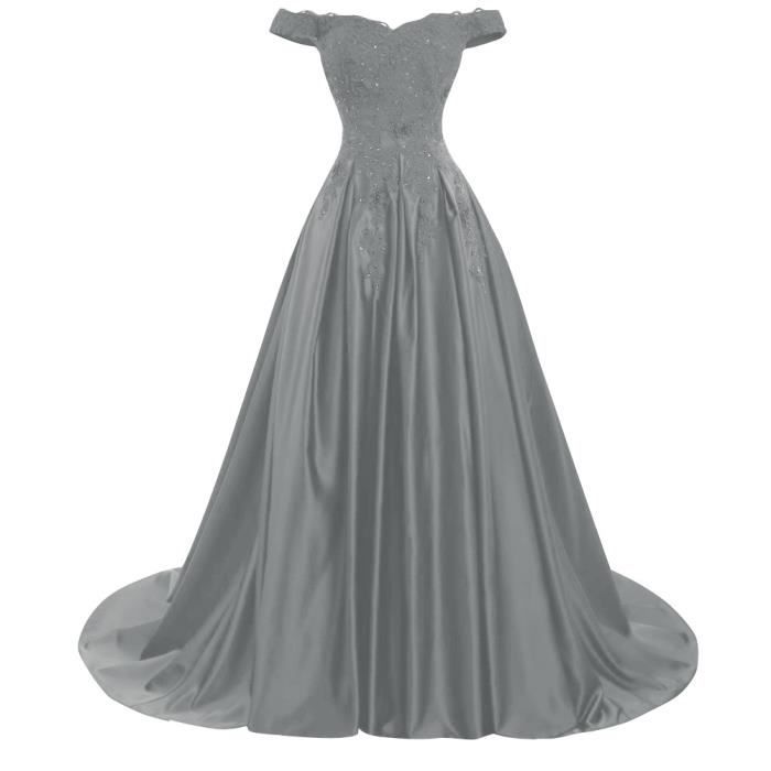 Robe De Soiree Cocktail Longue Gris Trapeze Princesse Femme Col Bateau Epaules Denuees Sans Manche Lacet Avec Paillette Pour Mariage Gris Gris Achat Vente Robe De Ceremonie Soldes Sur