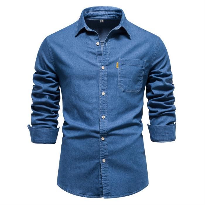 chemise en jean homme slim col revers manches longues avec poche poitrine casual - bleu