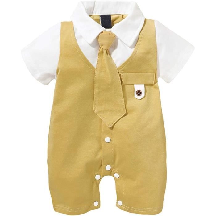 nouveau-né bébé garçon cravate à manches,courtes barboteuse type gentleman combinaison,pour 12-18moisbébé vêtements d'été(jaune)