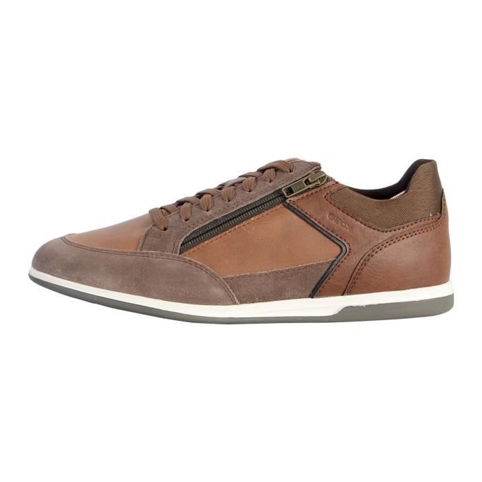 Tennis Basket Basses Geox Cuir U Renan Marron Claire Homme - Lacets - Zip - Plat