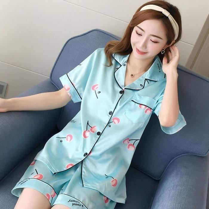 Pyjama - Satin de soie - Femme - Manches courtes - Col rabattu - Taille ...