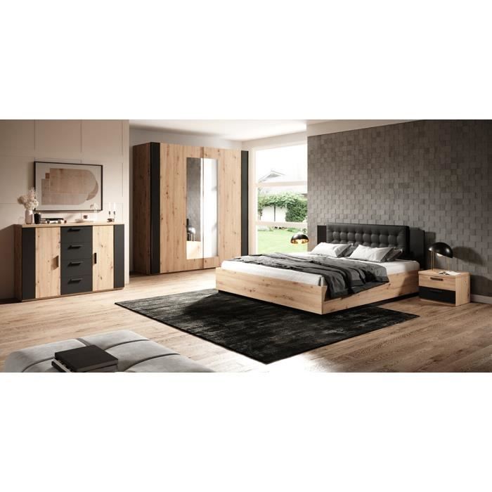 Chambre à coucher complète FOX - Lit coffre 160x200 - Armoire 200cm - Couleur chêne clair et noir Marron