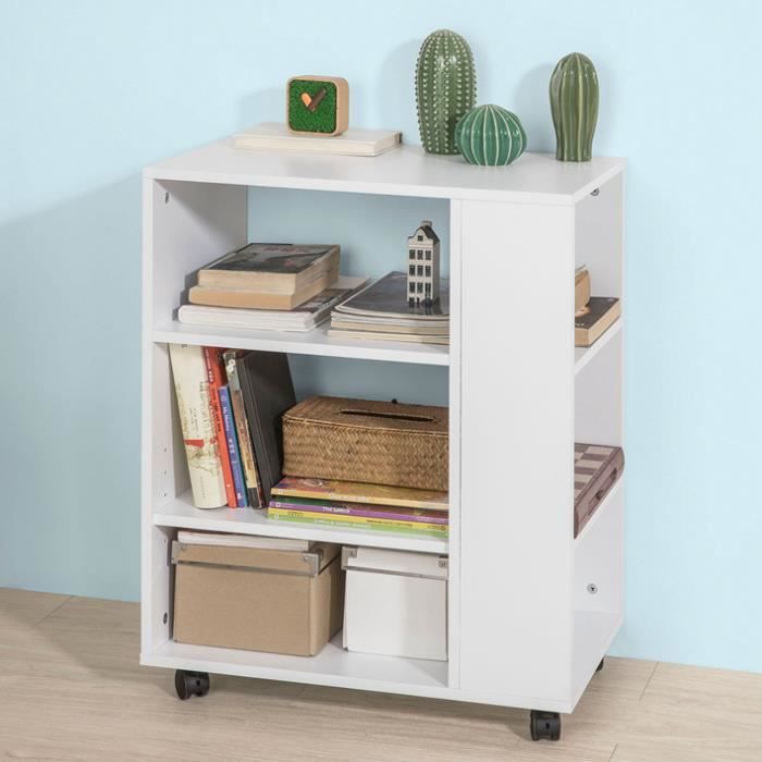 SoBuy FBT68-W Bout de Canapé Table Roulante avec Étagères de Rangement Bibliothèque à roulettes