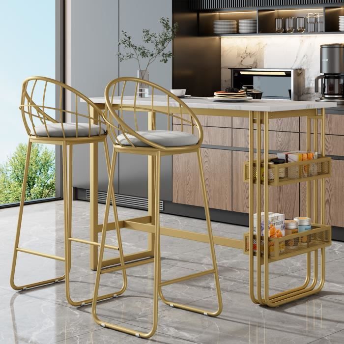 1 table de bar (120×48×100 cm) et 2 chaises de bar, revêtement en velours gris et structure en fer doré avec étagères