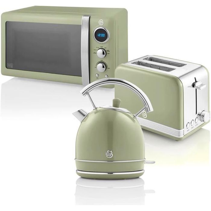 Retro Set Petit-Déjeuner Bouilloire 1,8L Grille-Pain 2 Tranches Micro-ondes 20L SWAN STRP2070GNEU Vert 57973