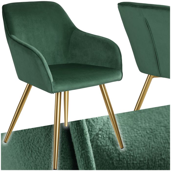 Chaise - TECTAKE - Chaise MARILYN effet velours au style scandinave rembourrée pieds acier doré 58 x 62 x 82 cm - Vert foncé/Doré