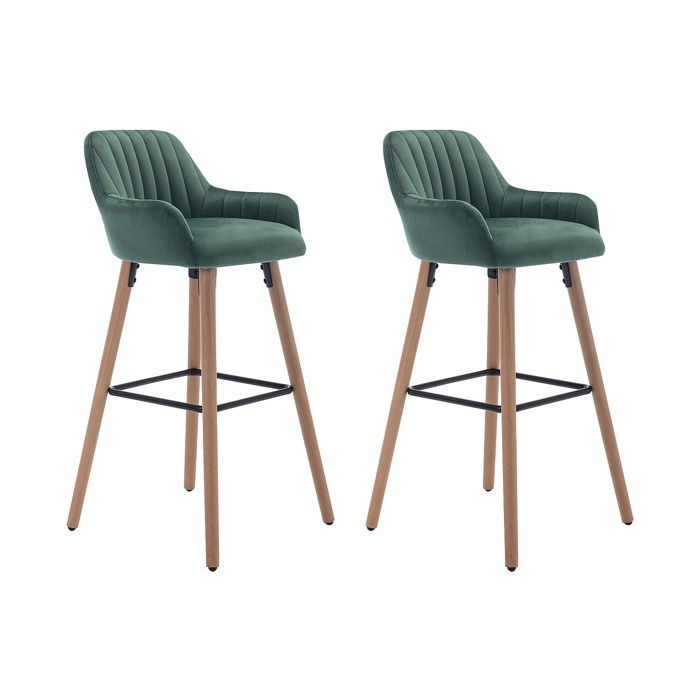Lot de 2 tabourets de bar en velours et pieds bois de hêtre - Vert foncé - ELEANA Lot de 2 tabourets de bar en velours et pieds bois de hêtre - Vert foncé - ELEANA