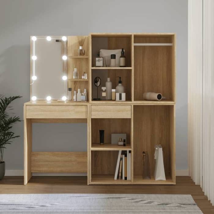 vidaXL Coiffeuse à LED avec 2 Armoires Table Cosmétique Coiffeuse de Maquillage Table à Bijoux Chambre à Coucher Chêne 3082029