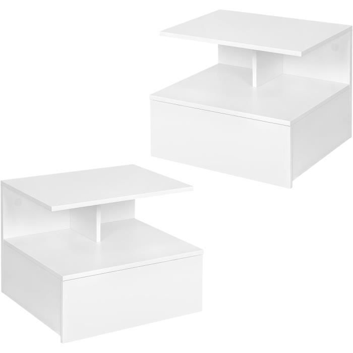 WOLTU Lot de 2 Table de Chevet Suspendue Table de Nuit Étagère Murale avec Tiroir Table en Bois 40x35x31cm Blanc W0ETT0076-2